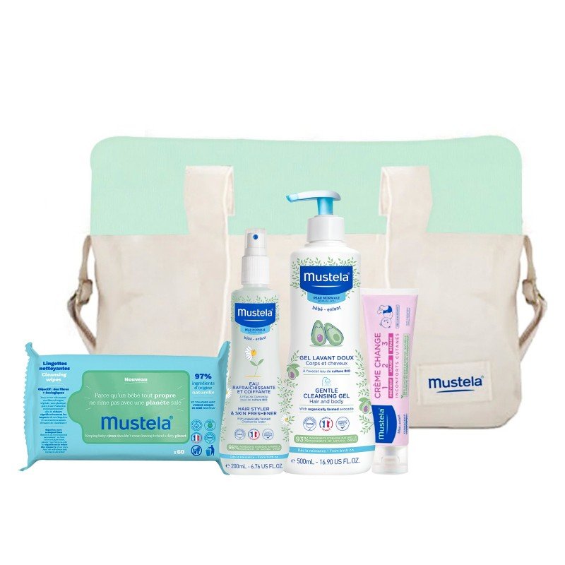 MUSTELA SAC NOURRISSONS LINGETTES + DERMO NETTOYANT 500ML + EAU RAFRAICHISSANTE 500ML + CREME DE CHANGE 100ML une