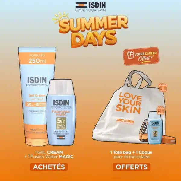 ISDIN OFFRE FOTOPROTECTOR GEL CREAM + FUSION WATER MAGIC AVEC TOTE BAG ET COQUE ÉCRAN OFFERTS