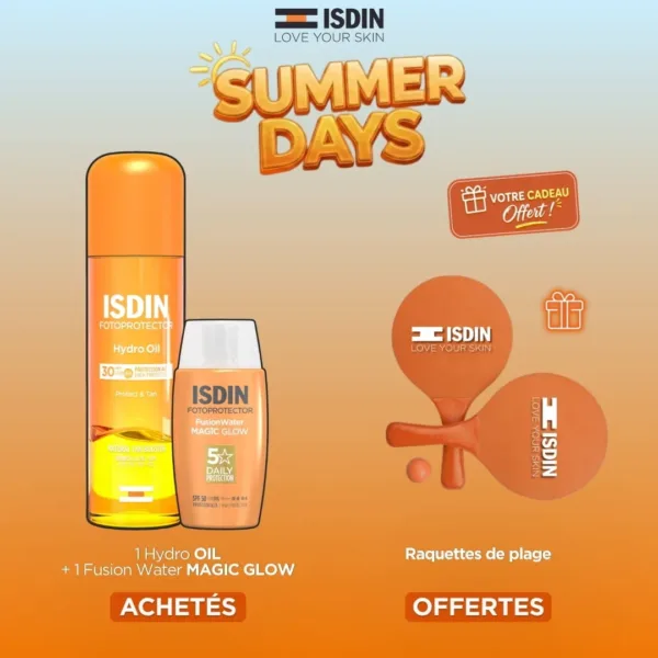 ISDIN OFFRE HYDRO OIL SPF30 + FUSION WATER MAGIC GLOW SPF50 + RAQUETTES DE PLAGE OFFERTES