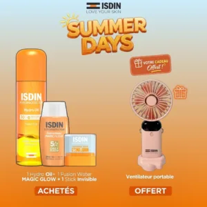 ISDIN OFFRE HYDRO OIL SPF30 + FUSION WATER MAGIC GLOW + STICK INVISIBLE + VENTILATEUR PORTABLE OFFERT