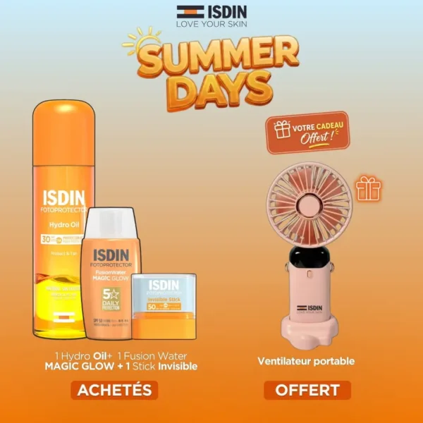 ISDIN OFFRE HYDRO OIL SPF30 + FUSION WATER MAGIC GLOW + STICK INVISIBLE + VENTILATEUR PORTABLE OFFERT