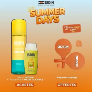 ISDIN OFFRE HYDRO OIL SPF50 + FUSION WATER MAGIC ALCARAZ SPF50 + RAQUETTES DE PLAGE OFFERTES