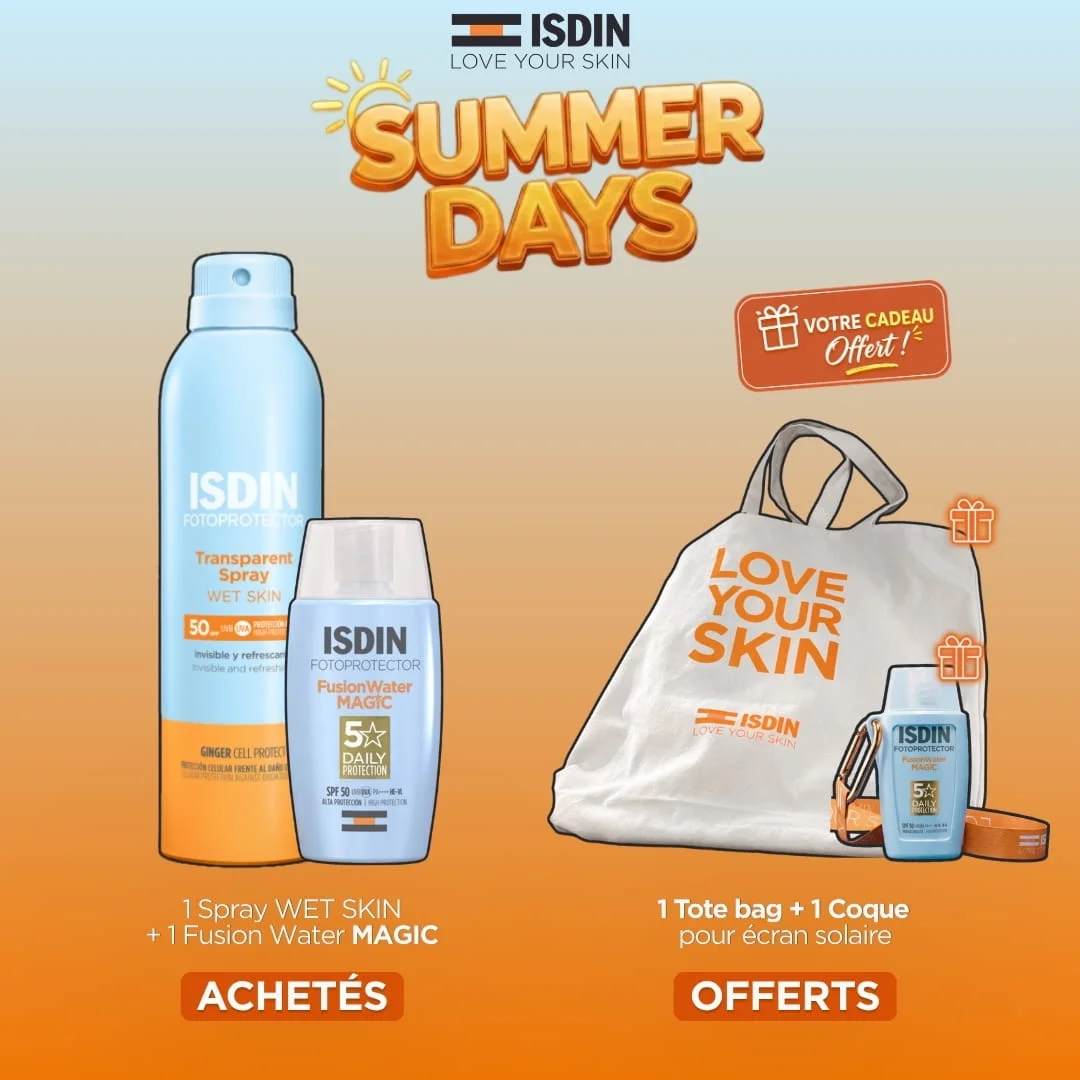 ISDIN OFFRE SPRAY WET SKIN + FUSION WATER MAGIC + TOTE BAG ET COQUE ÉCRAN OFFERTS
