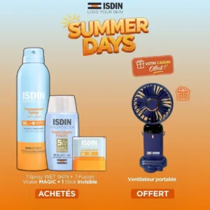 ISDIN OFFRE TRANSPARENT SPRAY + FUSION WATER MAGIC + INVISIBLE STICK + VENTILATEUR PORTABLE OFFERT