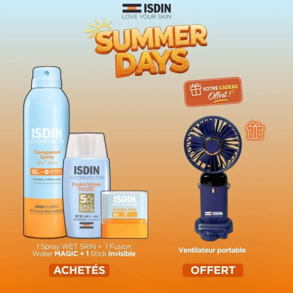 ISDIN OFFRE TRANSPARENT SPRAY + FUSION WATER MAGIC + INVISIBLE STICK + VENTILATEUR PORTABLE OFFERT