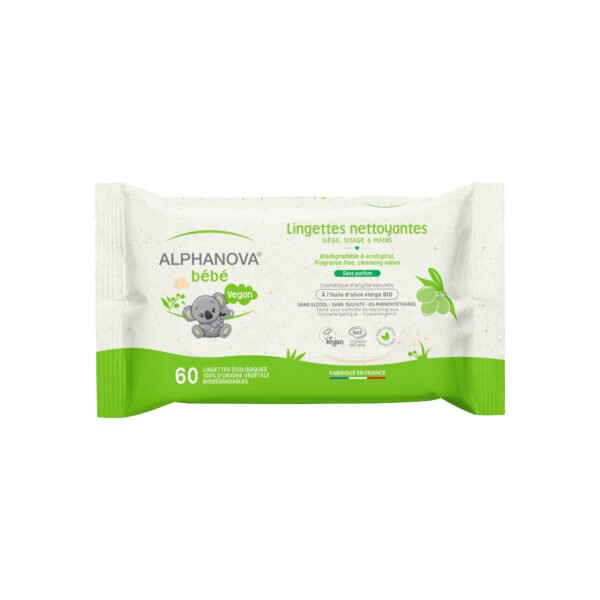 ALPHANOVA Lingettes bébé nettoyantes sans parfum – Olive - 60 unités