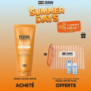 ISDIN OFFRE BODY GLOW SPF 30 + TROUSSE DE PLAGE + FUSION WATER MAGIC SPF 50 (10 ML) OFFERTS