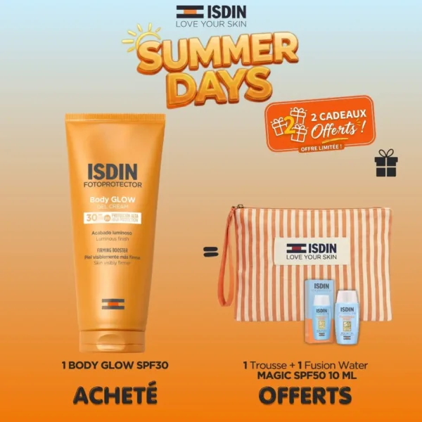 ISDIN OFFRE BODY GLOW SPF 30 + TROUSSE DE PLAGE + FUSION WATER MAGIC SPF 50 (10 ML) OFFERTS