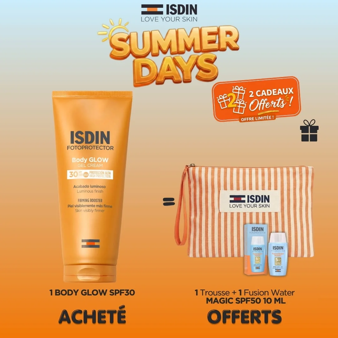 ISDIN OFFRE BODY GLOW SPF 30 + TROUSSE DE PLAGE + FUSION WATER MAGIC SPF 50 (10 ML) OFFERTS