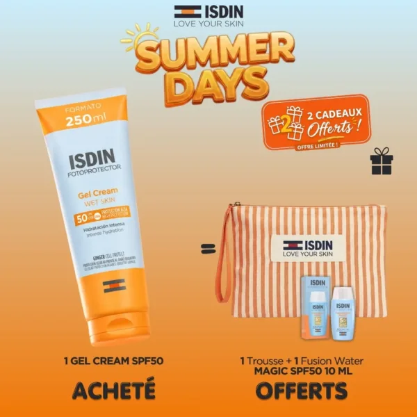 ISDIN OFFRE GEL CREAM WET SKIN SPF 50 (250 ML) + TROUSSE DE PLAGE + FUSION WATER MAGIC SPF 50 (10 ML) OFFERTS