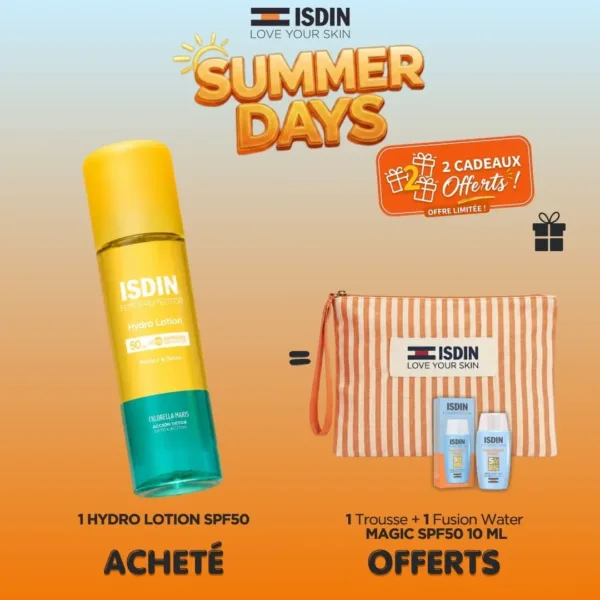 ISDIN OFFRE HYDRO LOTION SPF 50 + TROUSSE DE PLAGE + FUSION WATER MAGIC SPF 50 (10 ML) OFFERTS