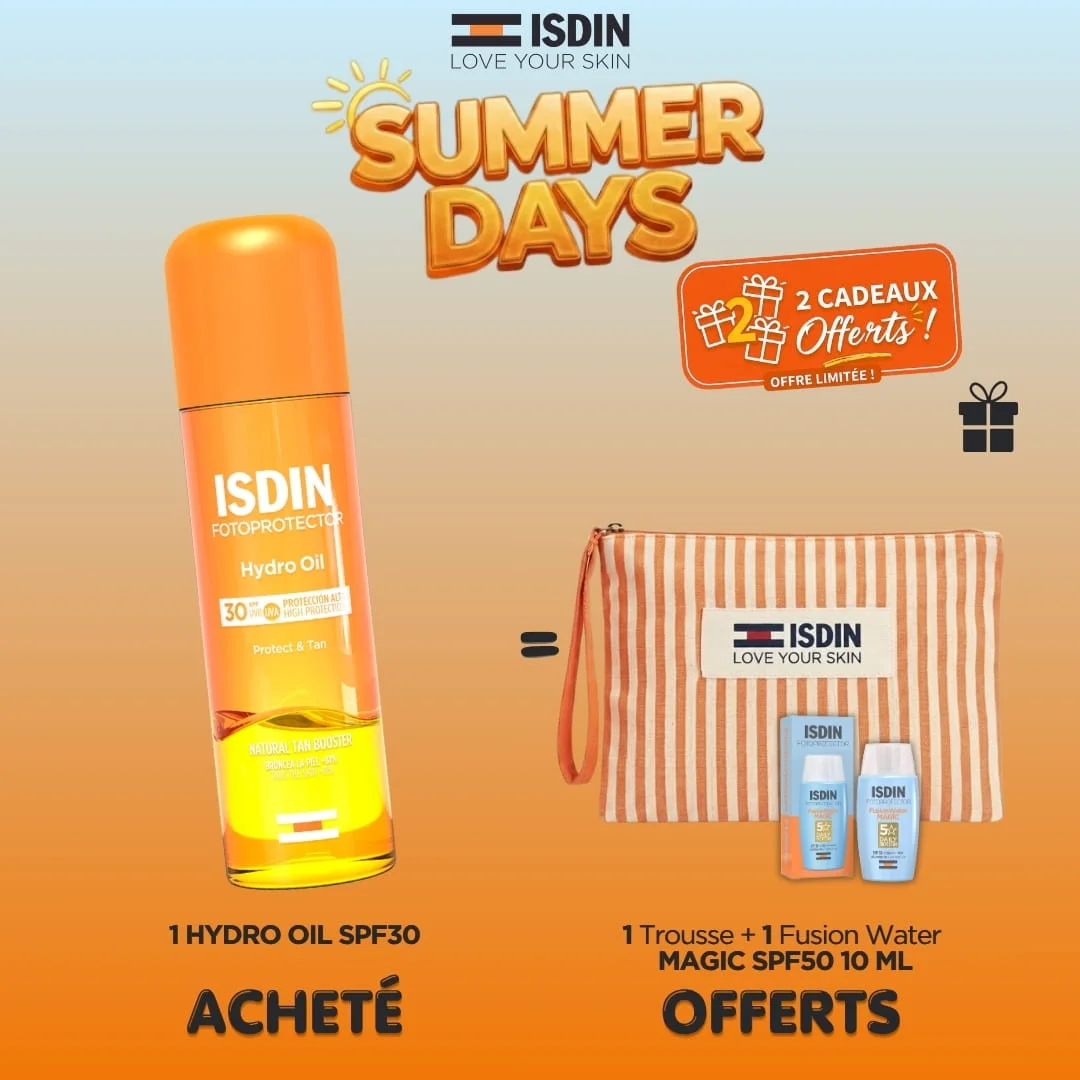 ISDIN OFFRE HYDRO OIL SPF 30 + TROUSSE DE PLAGE + FUSION WATER MAGIC SPF 50 (10 ML) OFFERTS