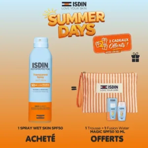 ISDIN OFFRE TRANSPARENT SPRAY WET SKIN SPF 50 + TROUSSE DE PLAGE + FUSION WATER MAGIC SPF 50 (10 ML) OFFERTS