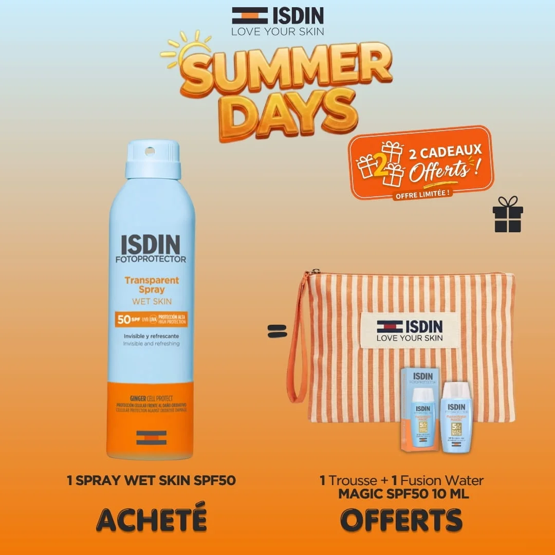 ISDIN OFFRE TRANSPARENT SPRAY WET SKIN SPF 50 + TROUSSE DE PLAGE + FUSION WATER MAGIC SPF 50 (10 ML) OFFERTS