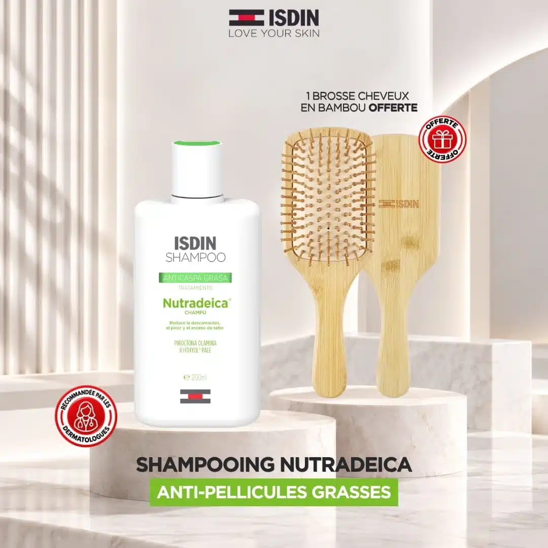 ISDIN Nutradeica Shampooing Anti-Pellicules Grasses 200 ml + Brosse Cheveux en Bambou Offerte
